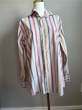 Western Long-Sleeve Button-Up Shirt in Cream with Multicolor Stripes rodeo farm